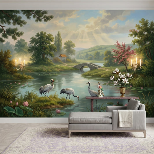 Tranquil Landscape Wallpaper Cranes Removable Stone Bridge Wall Decor