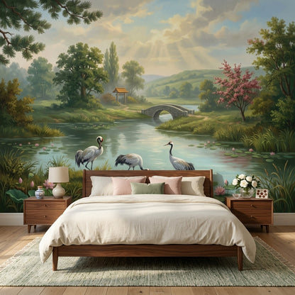 Tranquil Landscape Wallpaper Cranes Removable Stone Bridge Wall Decor