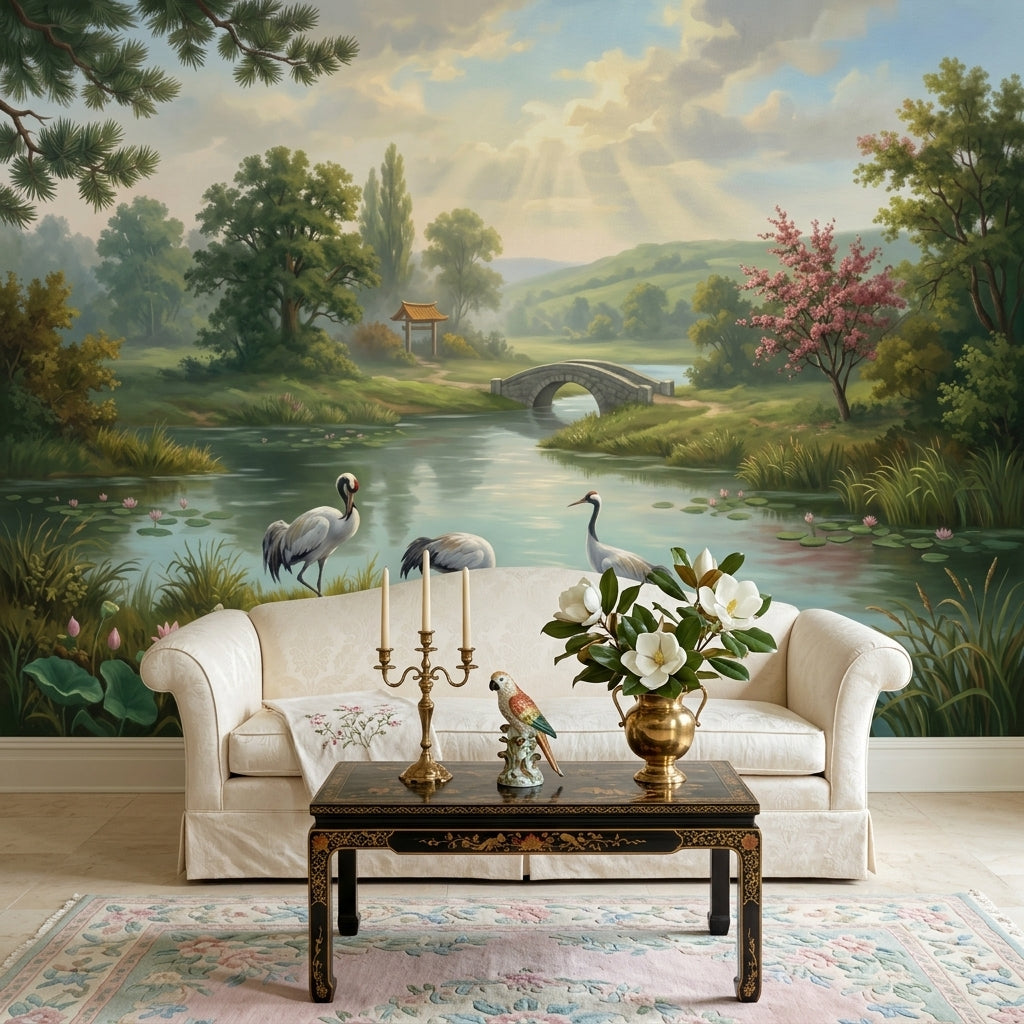 Tranquil Landscape Wallpaper Cranes Removable Stone Bridge Wall Decor