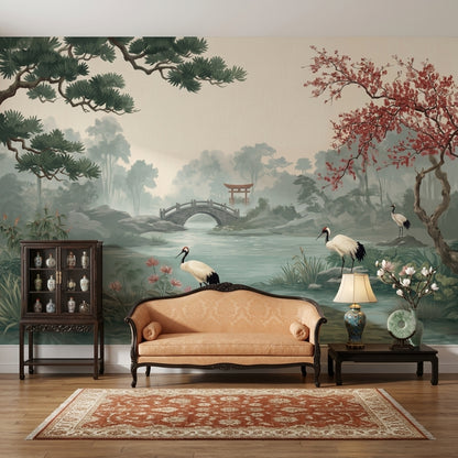 Misty Landscape Wallpaper Japanese Garden Cranes Wall Mural