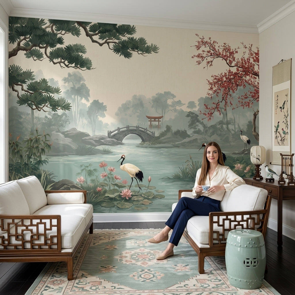 Misty Landscape Wallpaper Japanese Garden Cranes Wall Mural