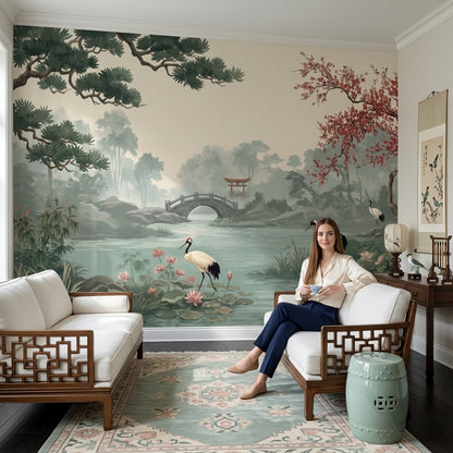 Misty Landscape Wallpaper Japanese Garden Cranes Wall Mural