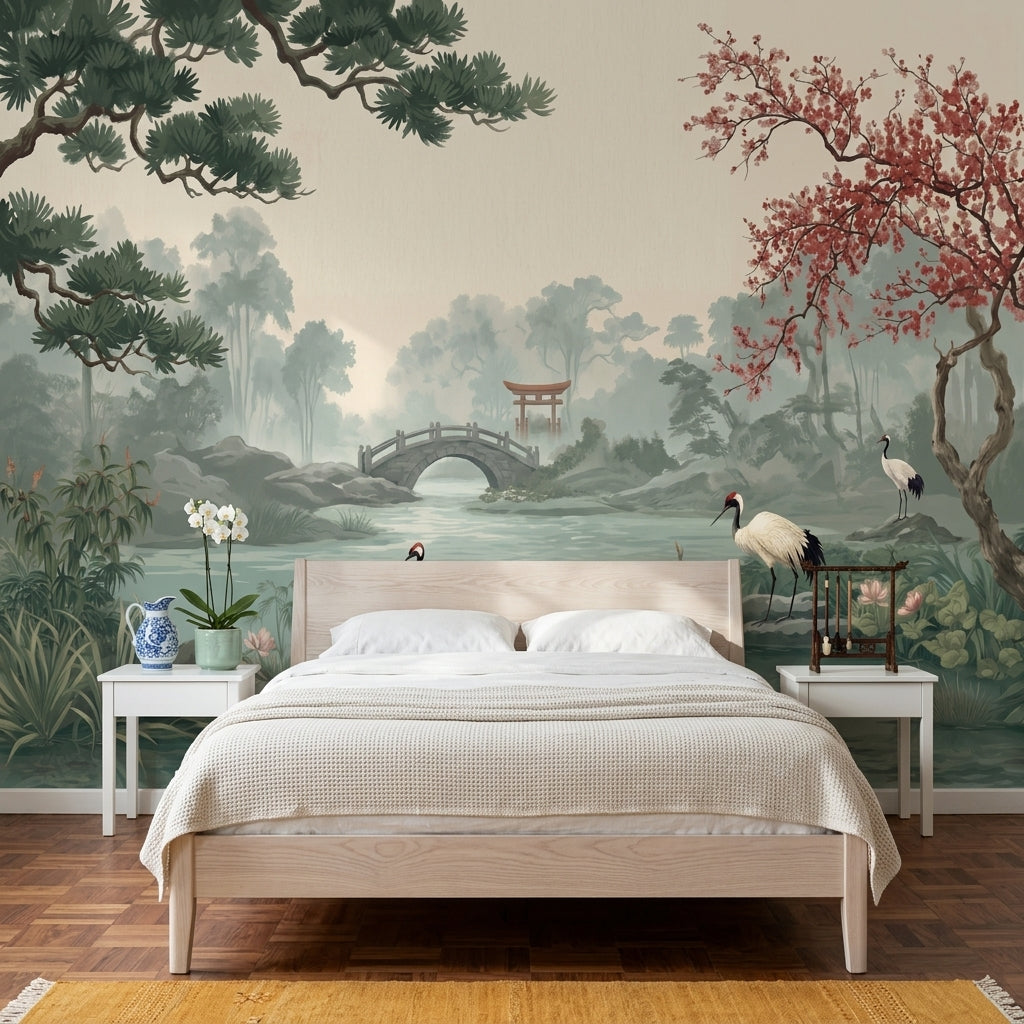 Misty Landscape Wallpaper Japanese Garden Cranes Wall Mural