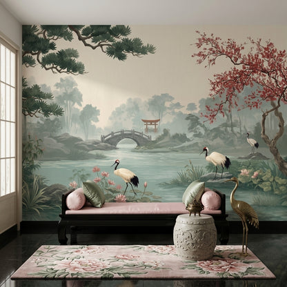 Misty Landscape Wallpaper Japanese Garden Cranes Wall Mural
