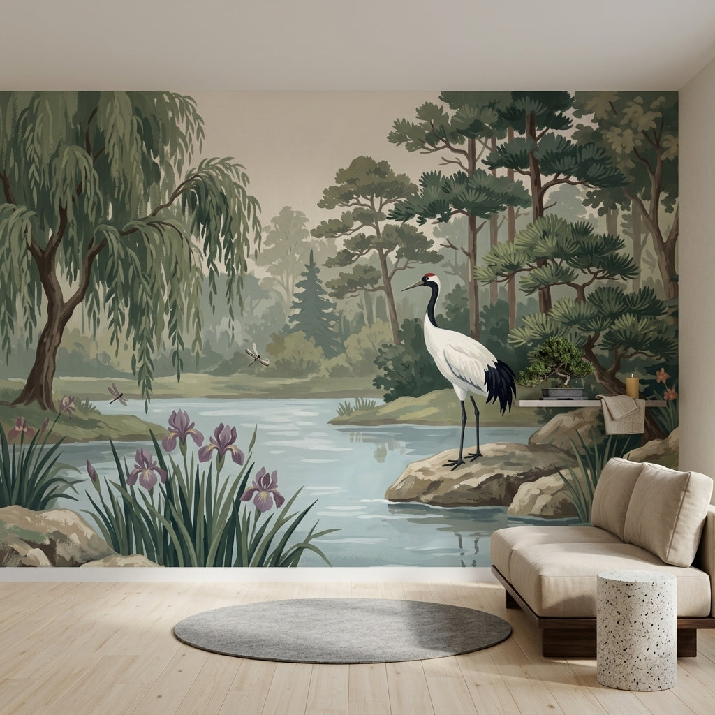 Crane Bird Wallpaper Pond Removable Landscape Wall Decor