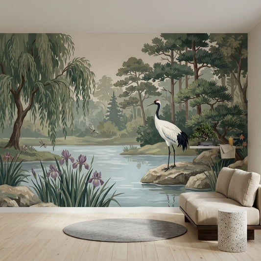 Crane Bird Wallpaper Pond Removable Landscape Wall Decor
