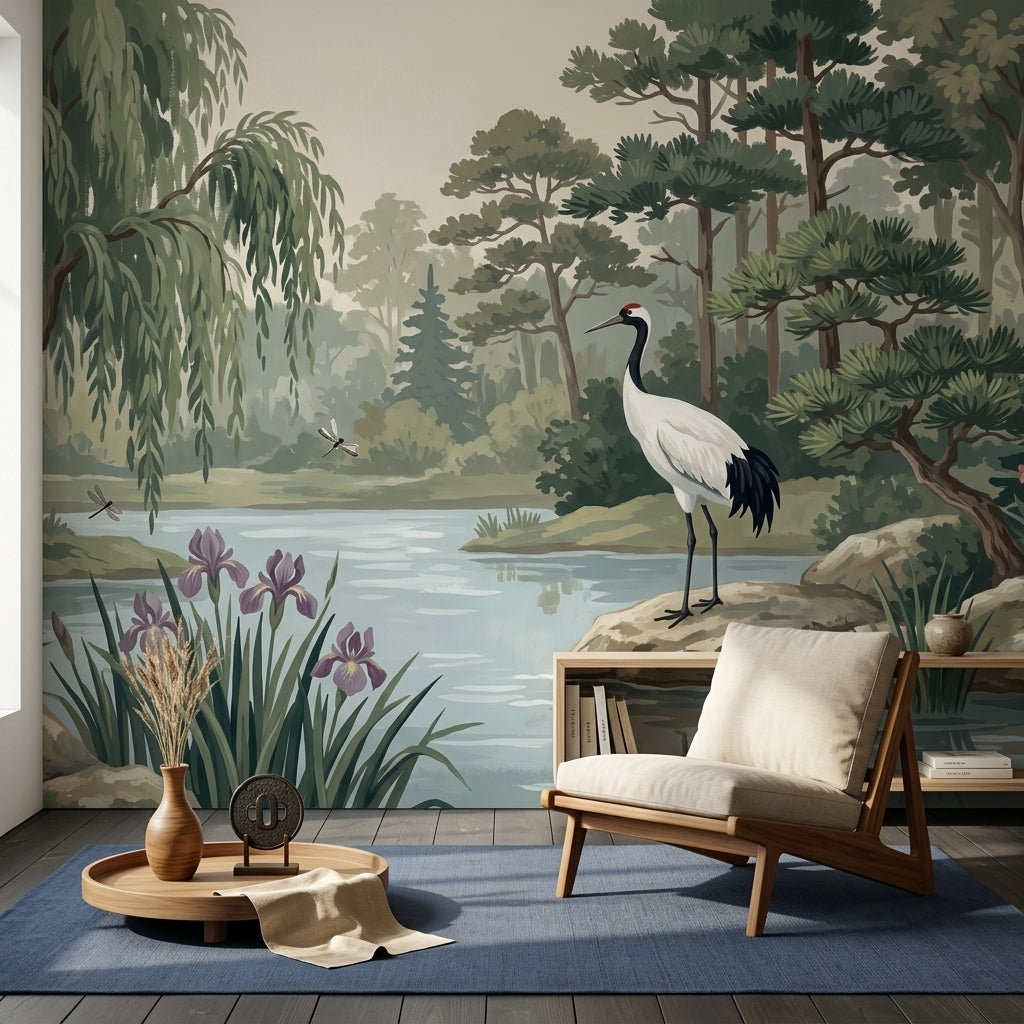 Crane Bird Wallpaper Pond Removable Landscape Wall Decor