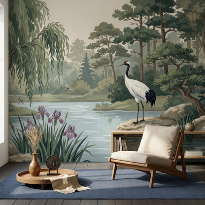 Crane Bird Wallpaper Pond Removable Landscape Wall Decor