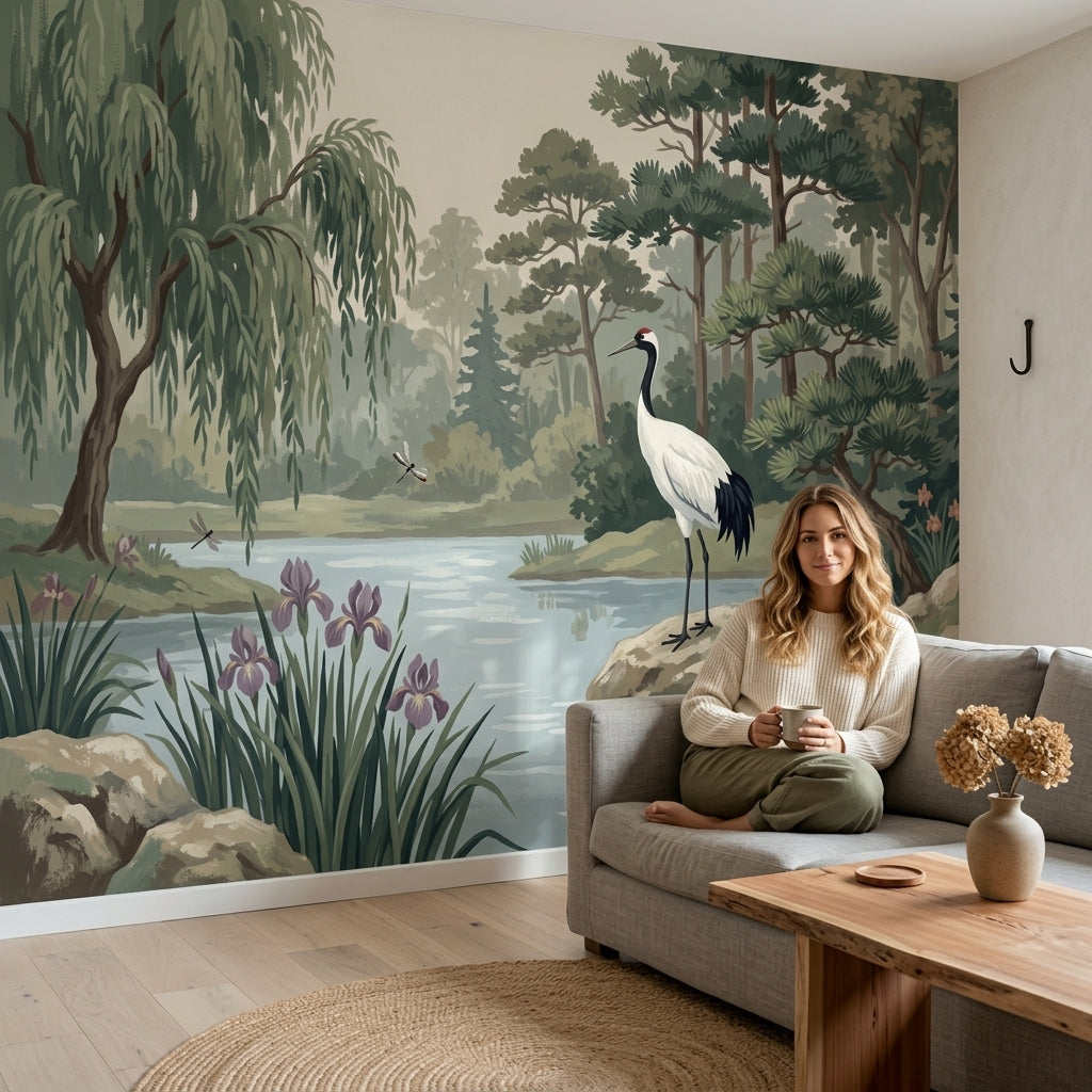 Crane Bird Wallpaper Pond Removable Landscape Wall Decor