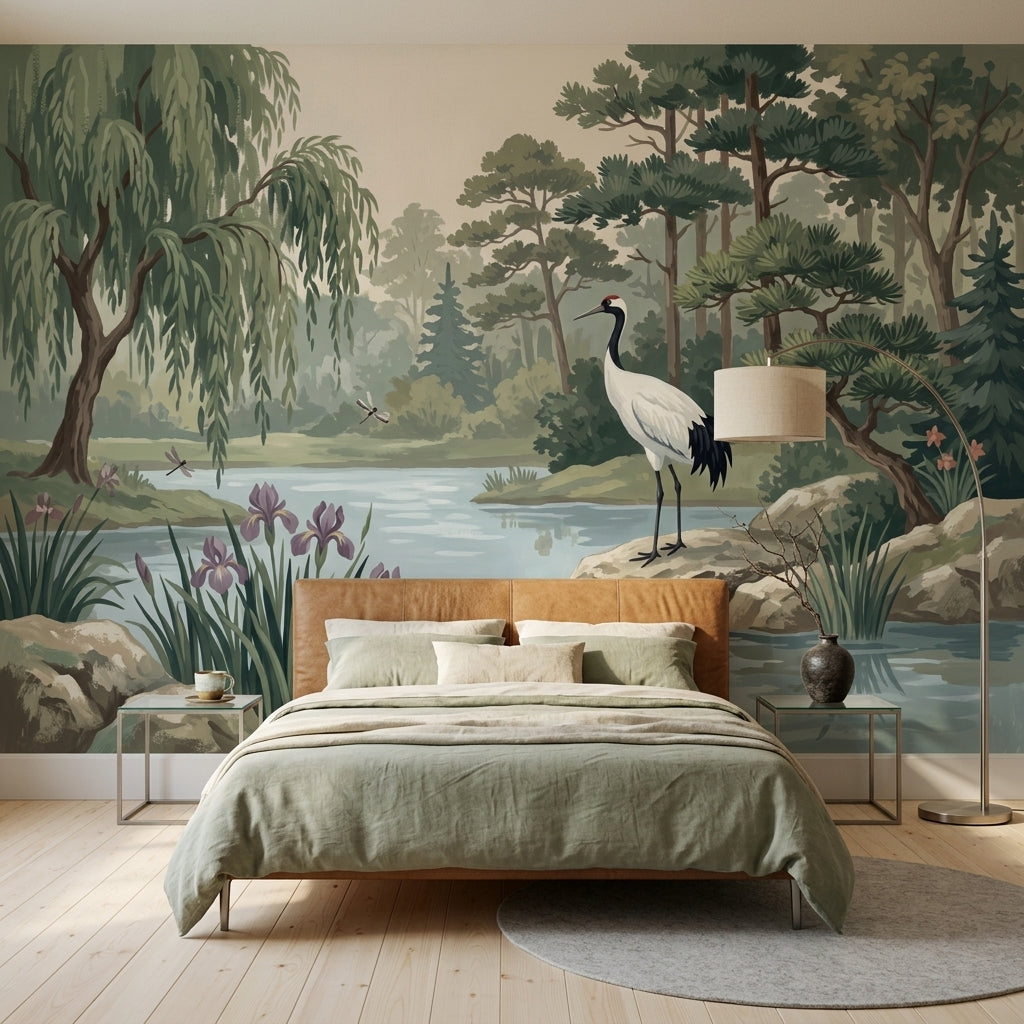 Crane Bird Wallpaper Pond Removable Landscape Wall Decor