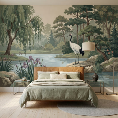 Crane Bird Wallpaper Pond Removable Landscape Wall Decor
