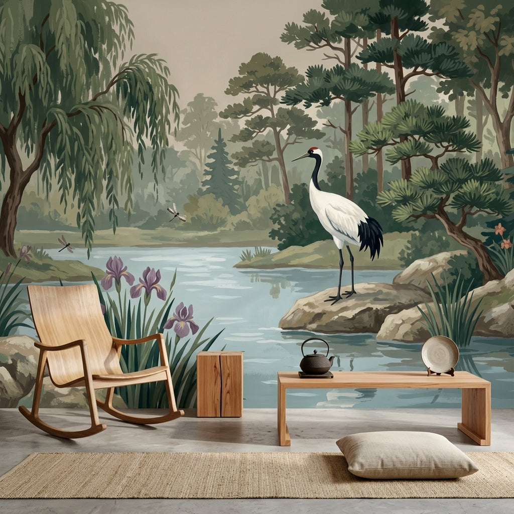 Crane Bird Wallpaper Pond Removable Landscape Wall Decor