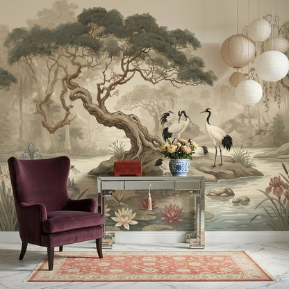 Misty Landscape Wallpaper Cranes Pond Removable Wall Decor