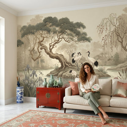 Misty Landscape Wallpaper Cranes Pond Removable Wall Decor