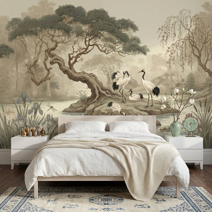 Misty Landscape Wallpaper Cranes Pond Removable Wall Decor