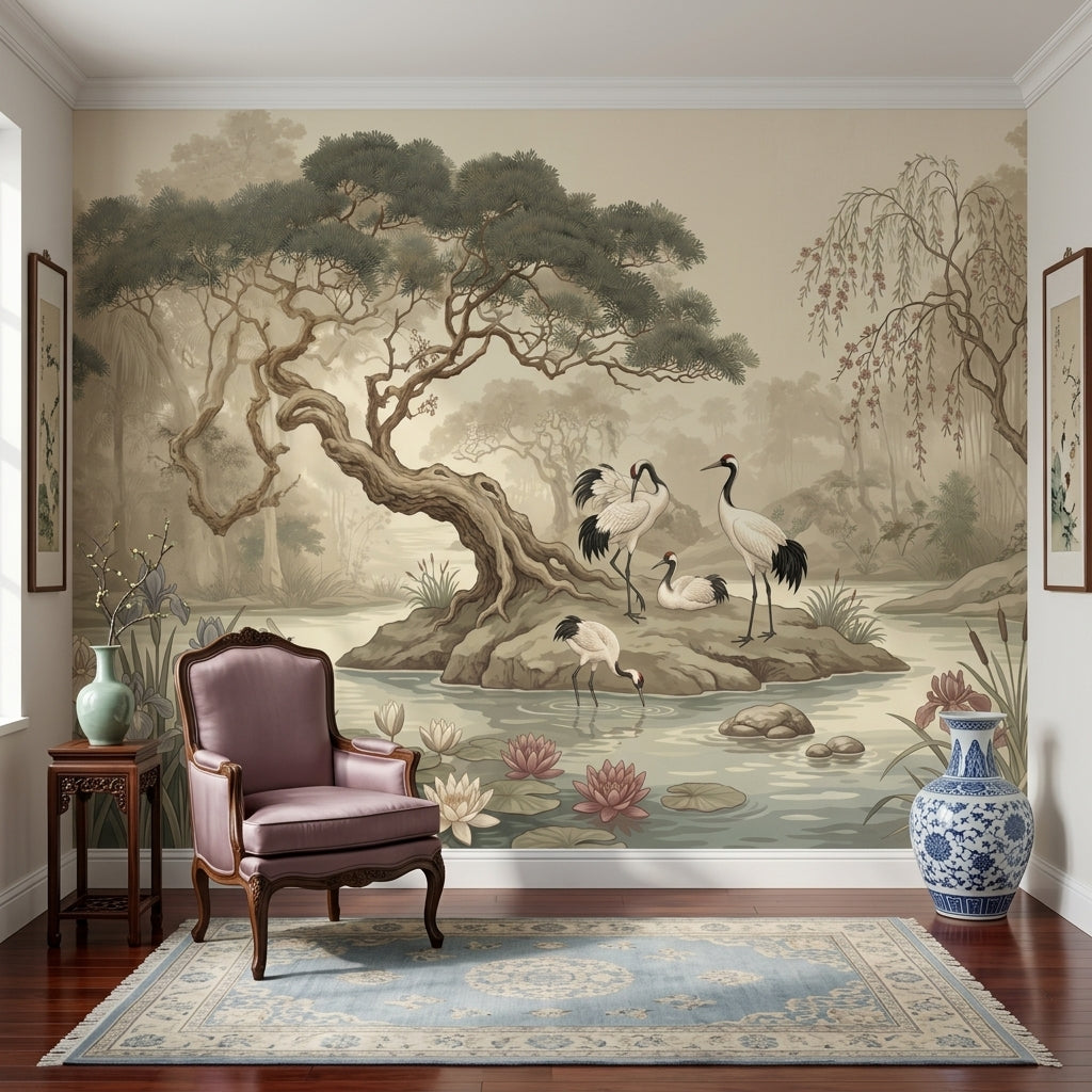 Misty Landscape Wallpaper Cranes Pond Removable Wall Decor