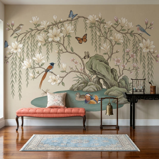 Magnolia Blossoms Wallpaper Birds Pond Wall Mural