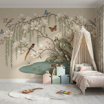 Magnolia Blossoms Wallpaper Birds Pond Wall Mural