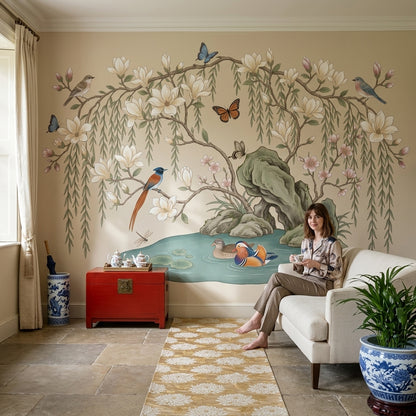 Magnolia Blossoms Wallpaper Birds Pond Wall Mural