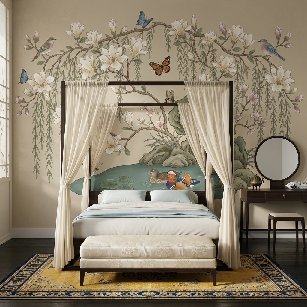 Magnolia Blossoms Wallpaper Birds Pond Wall Mural