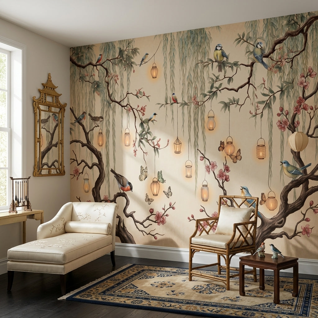 Cherry Blossoms Wallpaper Birds Removable Hanging Lanterns Wall Decor