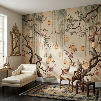 Cherry Blossoms Wallpaper Birds Removable Hanging Lanterns Wall Decor