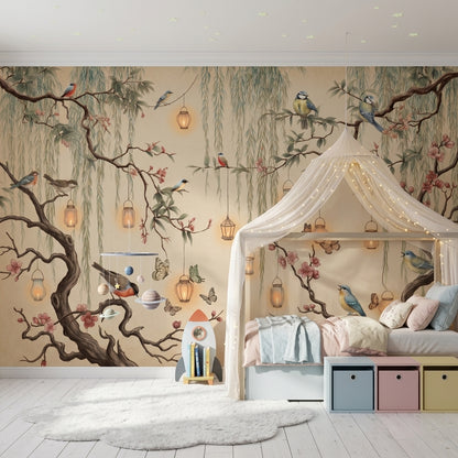 Cherry Blossoms Wallpaper Birds Removable Hanging Lanterns Wall Decor