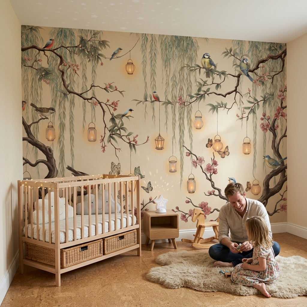 Cherry Blossoms Wallpaper Birds Removable Hanging Lanterns Wall Decor