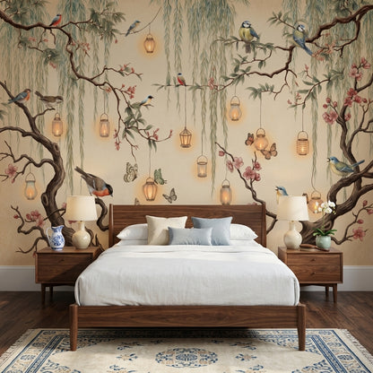 Cherry Blossoms Wallpaper Birds Removable Hanging Lanterns Wall Decor