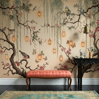 Cherry Blossoms Wallpaper Birds Removable Hanging Lanterns Wall Decor
