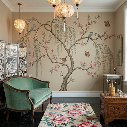 Pink Cherry Wallpaper Golden Birds Removable Wall Decor