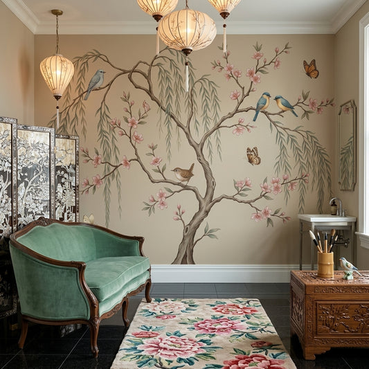 Pink Cherry Wallpaper Golden Birds Removable Wall Decor