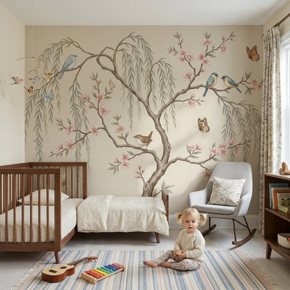 Pink Cherry Wallpaper Golden Birds Removable Wall Decor
