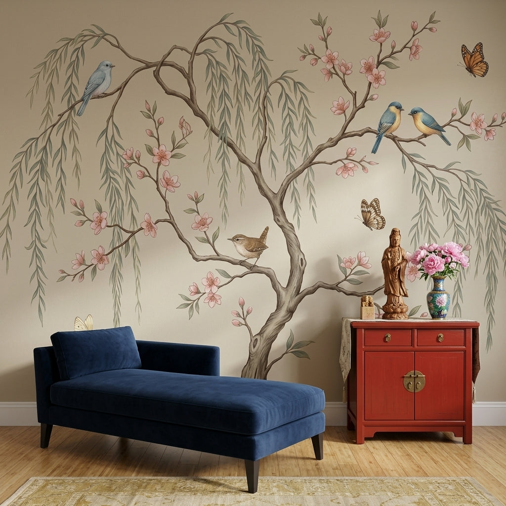 Pink Cherry Wallpaper Golden Birds Removable Wall Decor