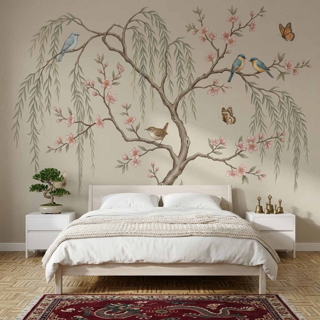 Pink Cherry Wallpaper Golden Birds Removable Wall Decor