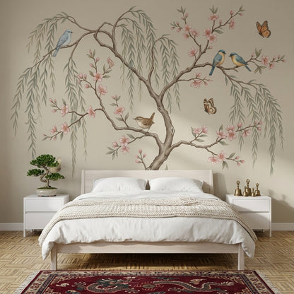 Pink Cherry Wallpaper Golden Birds Removable Wall Decor