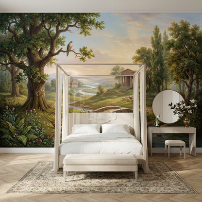 Pastoral Countryside Wallpaper Classical Temple Stone Bridge Wall Mural