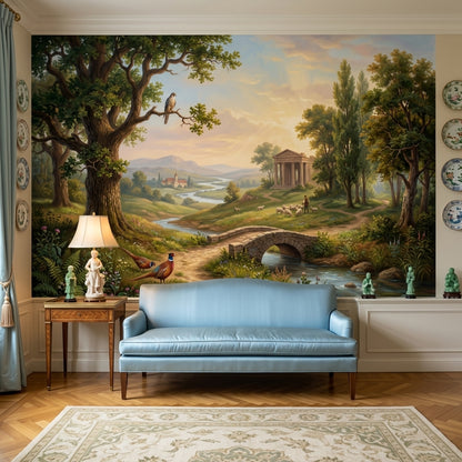 Pastoral Countryside Wallpaper Classical Temple Stone Bridge Wall Mural