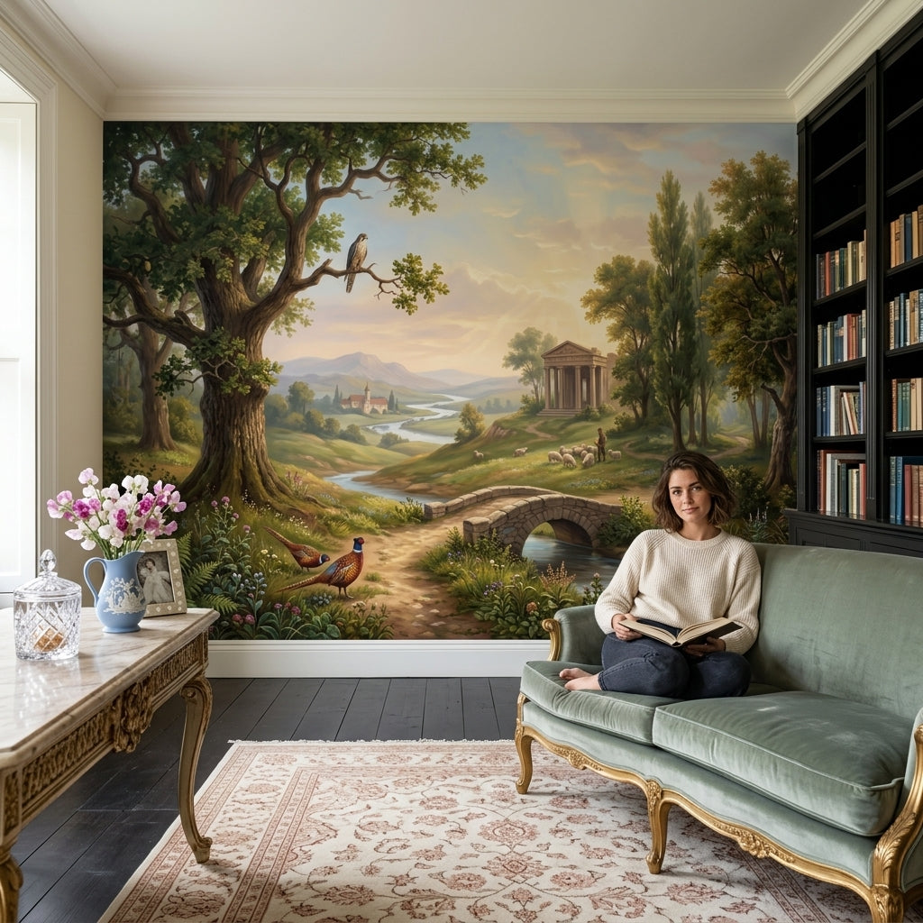 Pastoral Countryside Wallpaper Classical Temple Stone Bridge Wall Mural