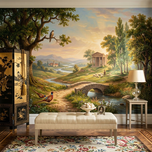 Pastoral Countryside Wallpaper Classical Temple Stone Bridge Wall Mural