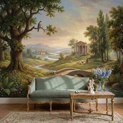 Pastoral Countryside Wallpaper Classical Temple Stone Bridge Wall Mural