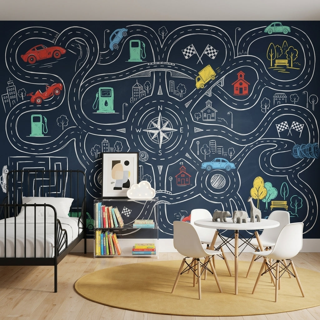Road Map Wallpaper Chalkboard Removable Race Track Wall Decor