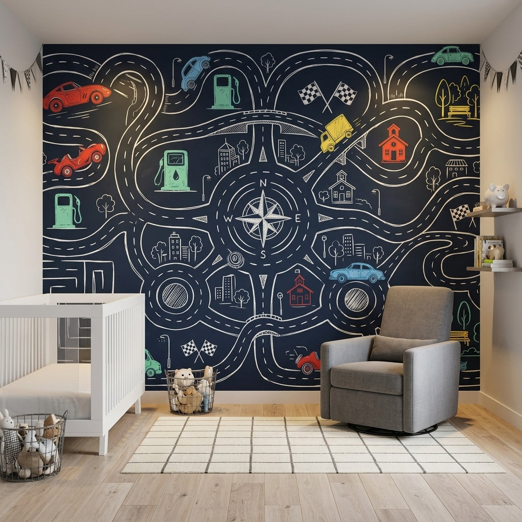 Road Map Wallpaper Chalkboard Removable Race Track Wall Decor