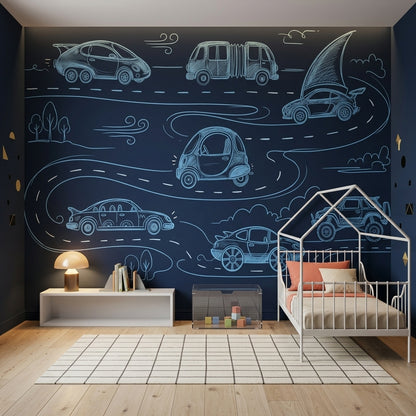 Chalkboard Wallpaper Line Art Cars Removable Wall Decor