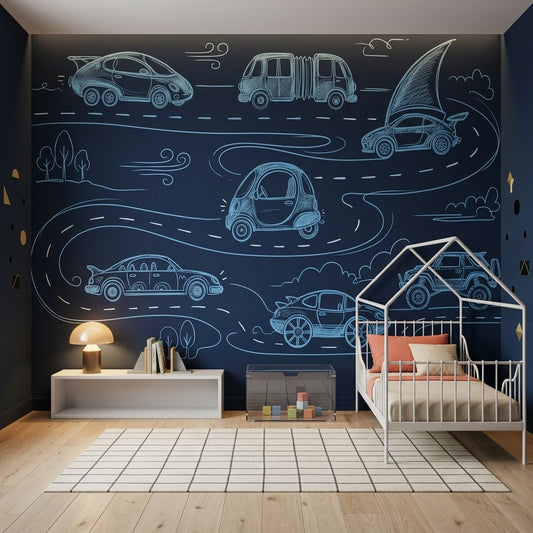 Chalkboard Wallpaper Line Art Cars Removable Wall Decor