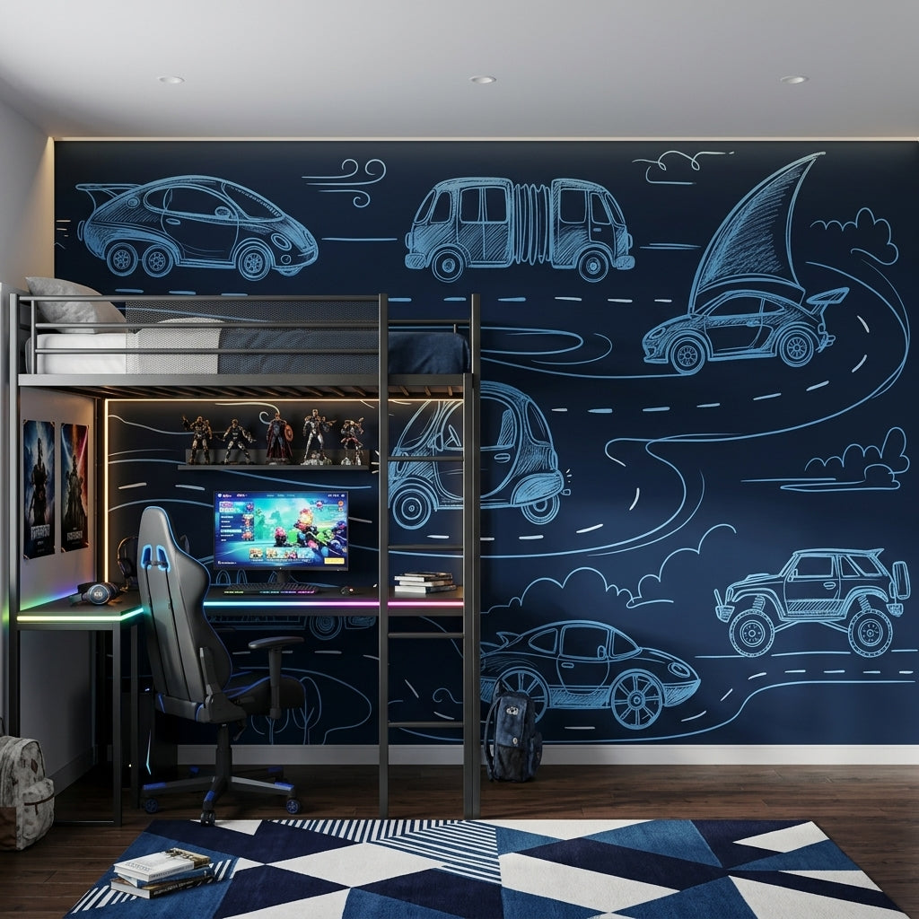 Chalkboard Wallpaper Line Art Cars Removable Wall Decor