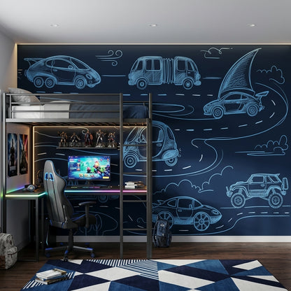 Chalkboard Wallpaper Line Art Cars Removable Wall Decor