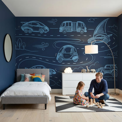 Chalkboard Wallpaper Line Art Cars Removable Wall Decor
