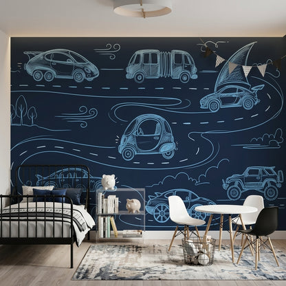 Chalkboard Wallpaper Line Art Cars Removable Wall Decor