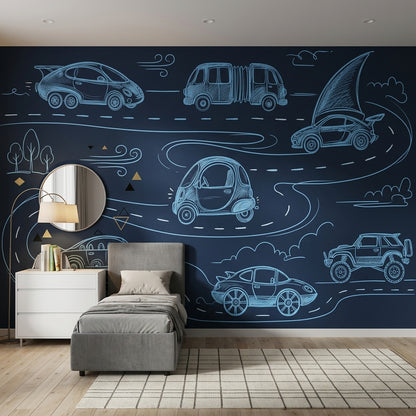 Chalkboard Wallpaper Line Art Cars Removable Wall Decor